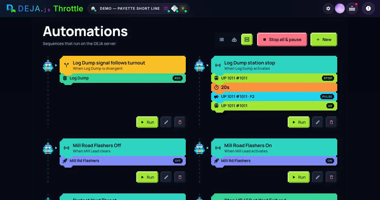 The Automations page in Comfy cards: the density buttons, Stop all & pause, New, and four automations with Run, Edit and Delete