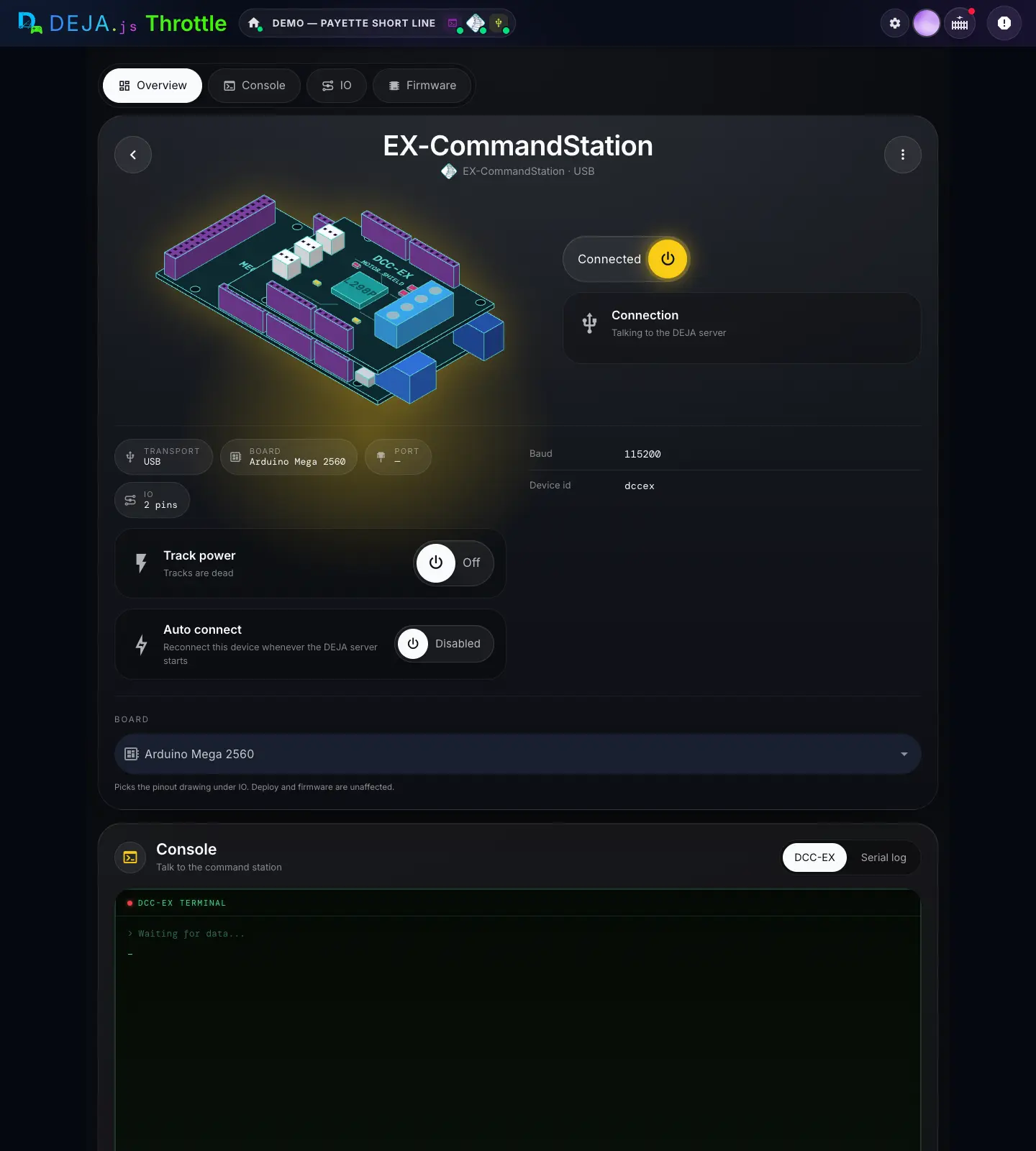 The EX-CommandStation page: section pills, the board art with the Connected pill and Connection row, Transport, Board, Port and IO chips, Track power and Auto connect, the Board select, and the top of the Console