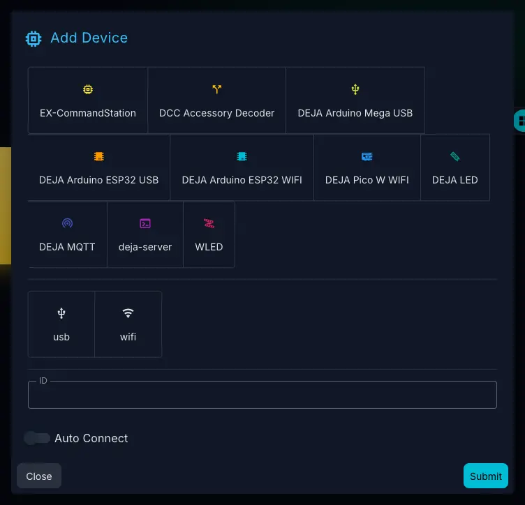The Add Device dialog: device type tiles, the usb and wifi tiles, the ID field, the Auto Connect switch, and Close and Submit