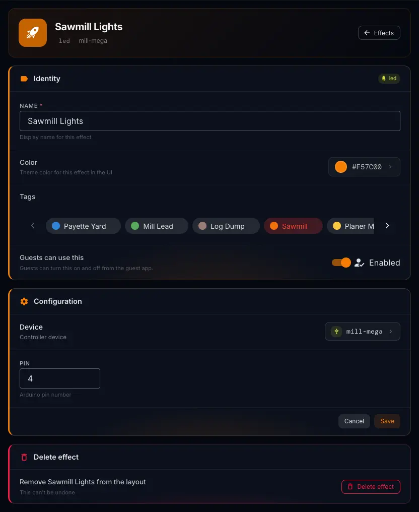 Edit Effect for Sawmill Lights: Identity, the Device chip and Pin, and the Delete effect section
