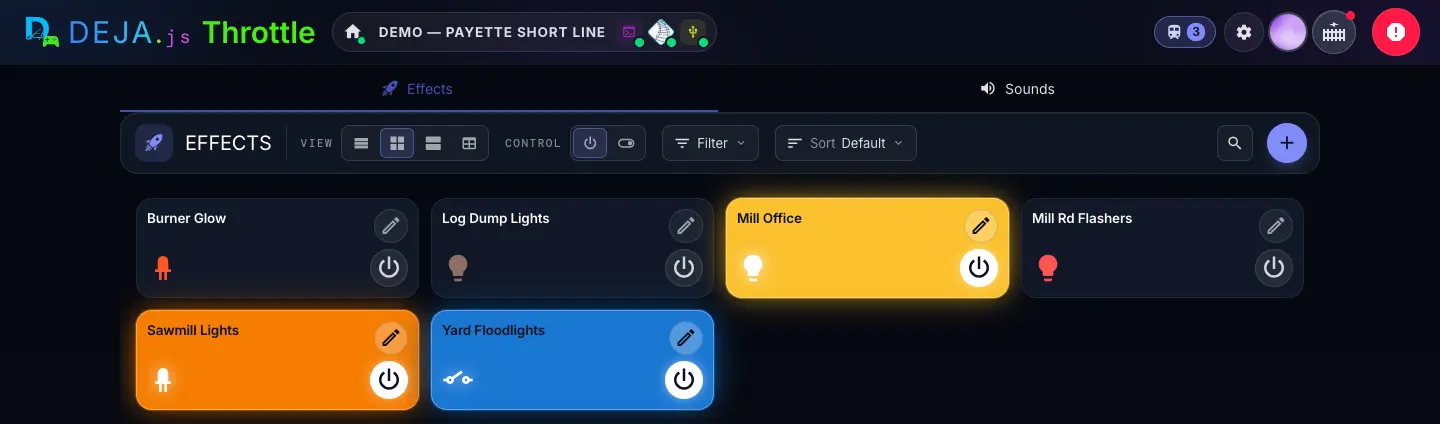 The Effects page: tabs for Effects and Sounds, the toolbar, and six effect cards with power buttons