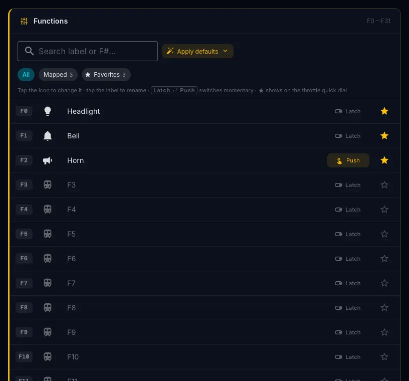 The Functions section: search, Apply defaults, the All, Mapped and Favorites chips, and rows F0 Headlight, F1 Bell, F2 Horn set to Push, then unmapped F3 onwards
