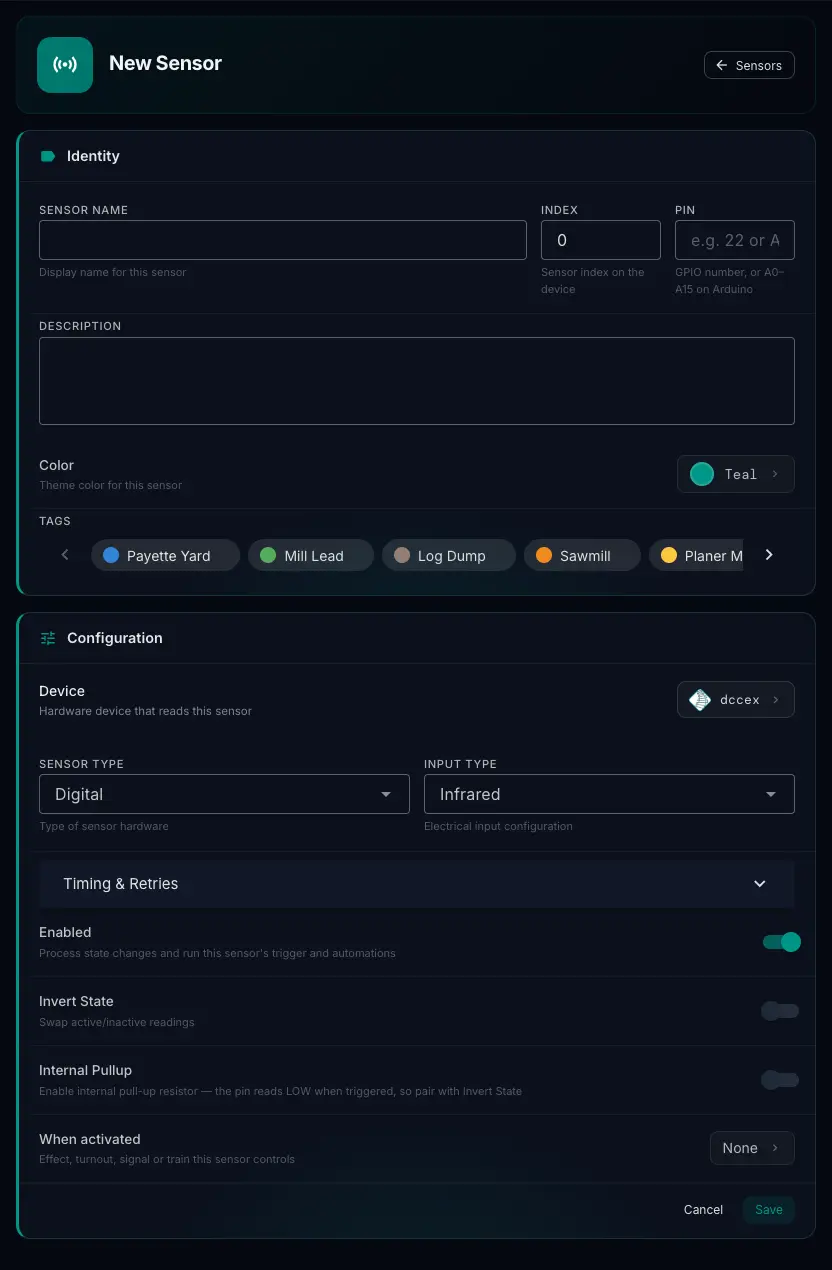 New Sensor: the Identity card with Sensor Name, Index, Pin, Description, Color and Tags, and the Configuration card with Device, Sensor Type, Input Type, Timing & Retries, the three switches and When activated
