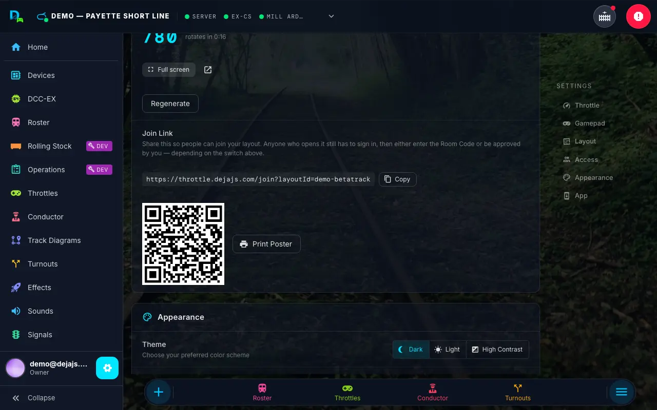 Settings → Access: members, pending requests, room code, and join link