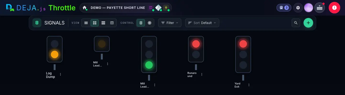 The Signals page: the toolbar with View, Control, Filter, Sort and ＋, and five signal heads showing yellow, yellow, green, red and red