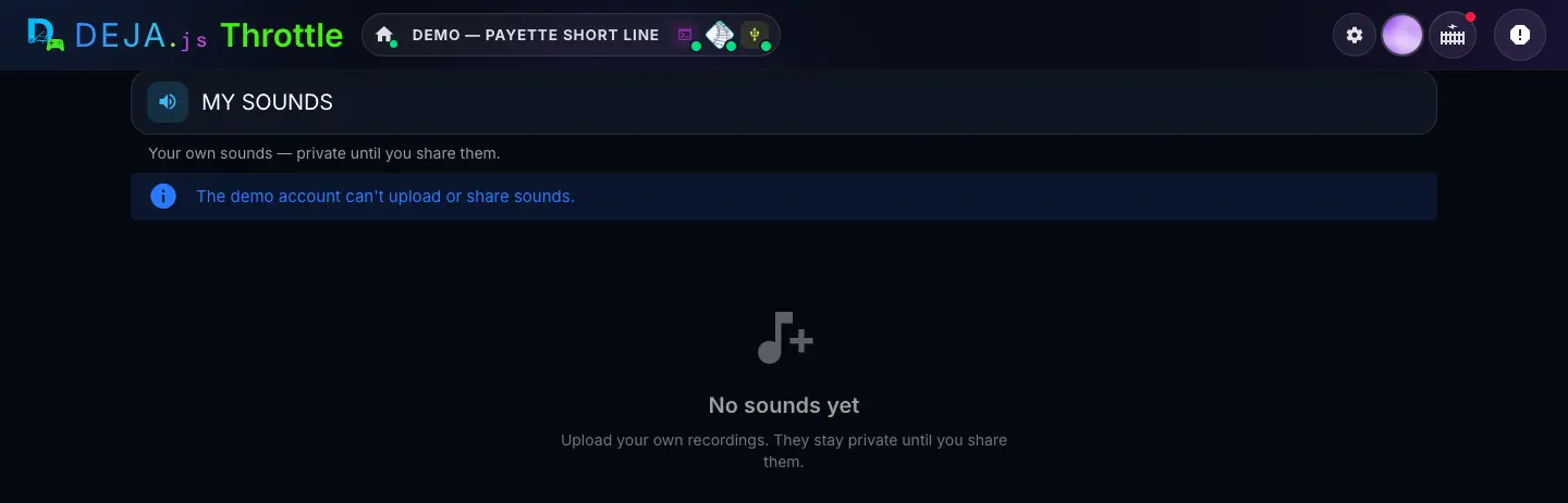 My sounds on the demo account: the header, the note that the demo account can’t upload or share sounds, and No sounds yet