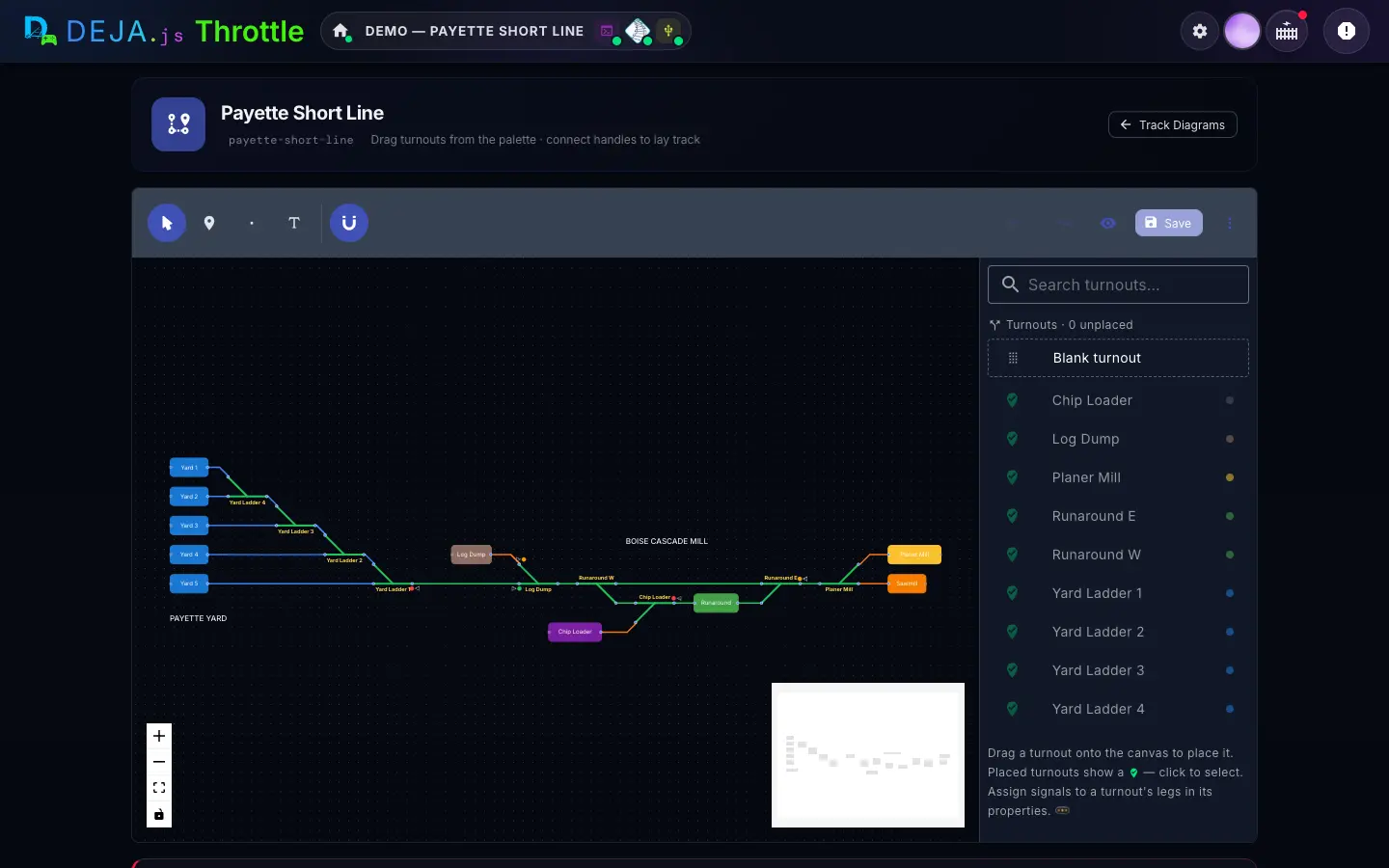 The track diagram editor: the tool bar with Select, Station, Waypoint, Text Label and grid snap, Save, the canvas with the Payette plan, zoom controls and minimap, and the turnout palette