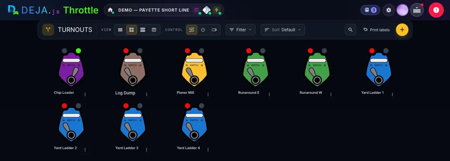 The Turnouts page: the toolbar with View, Control, Filter, Sort, Print labels and ＋, and nine coloured CTC lever tiles