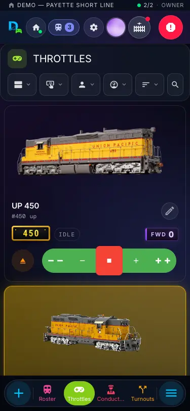 Throttle on a phone: the header across the top and the dock along the bottom, with numbered markers