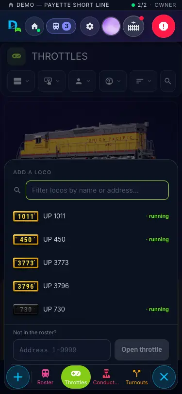 The ＋ Loco panel: filter, your roster with running locos marked, and an address field